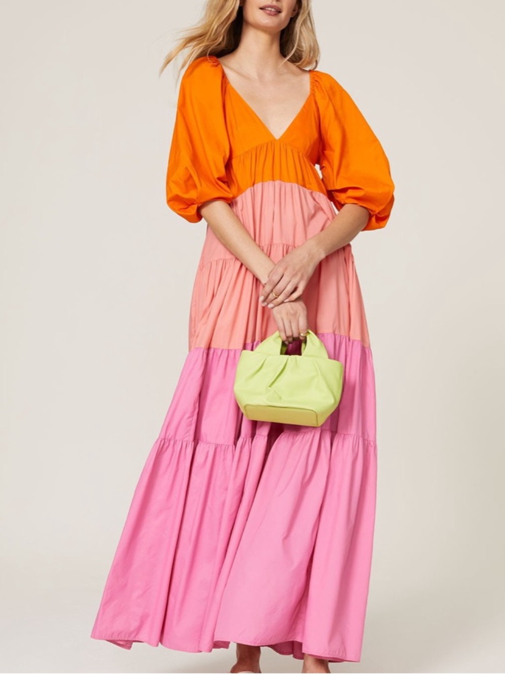 STAUD sz L Meadow Maxi Dress boho orange pink v-neck puff sleeves